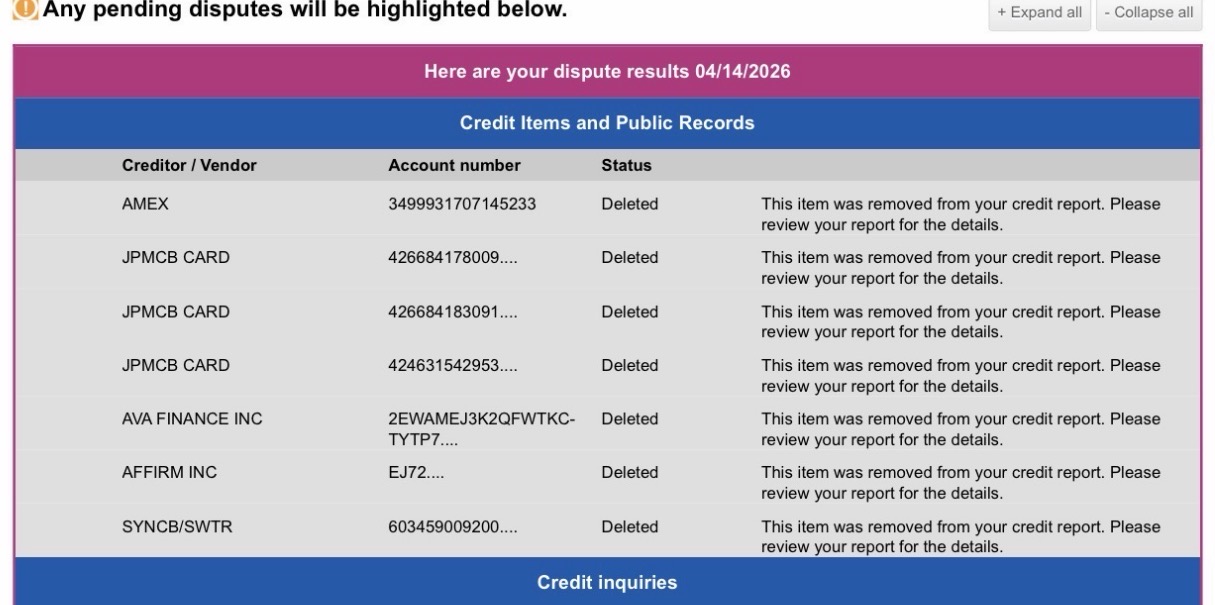Dispute results showing deleted credit report items
